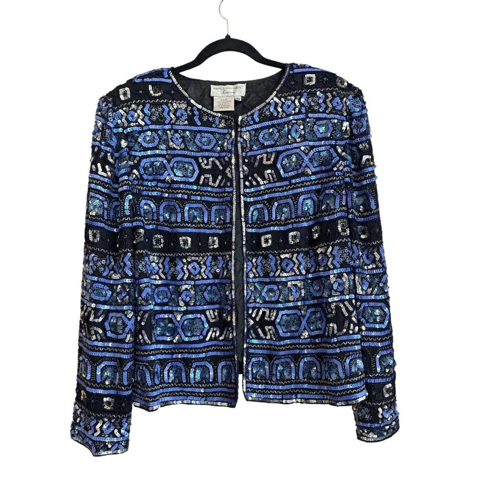 Vintage Papell Boutique Evening Silk Jacket 16W Black Blue Sequins Beaded
